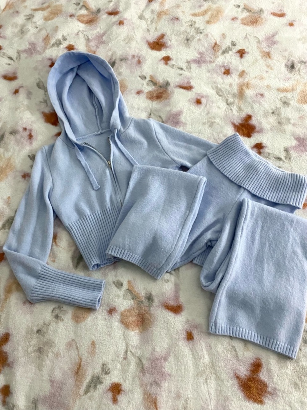 SHEIN Blue Hooded Zip Knit Cardigan Set